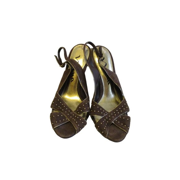 Nina Brown Suede Gold Studded Wedge Slingbacks - Picture 3 of 8